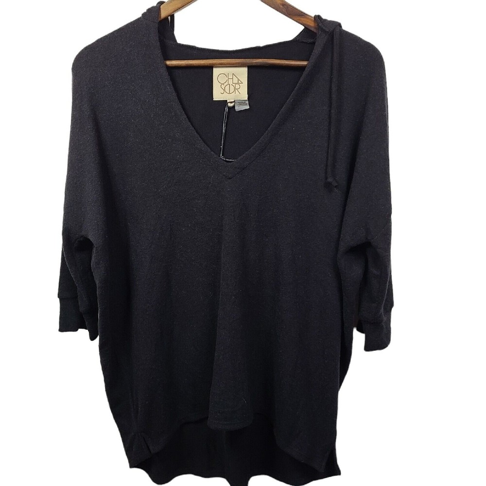 NWT Chaser Black Hooded Super Soft V Neck Top Womens Medium